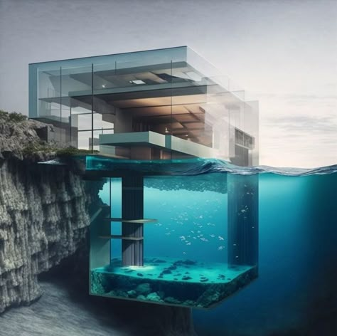 A beautiful house on a cliff, conceptualized by architect Danny Wang ~.~ Houses On Water, Cliff Villa, House On A Cliff, Cliff Houses, Cliffside House, Fallingwater House, Mansion Floor Plans, Underwater House, A Beautiful House