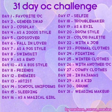 Oc Drawing Prompts, Day Oc Challenge, 30 Day Art Challenge, Arts Month, 30 Day Drawing Challenge, Draw Your Oc, Prompt List, 31 Day Challenge, Art Style Challenge