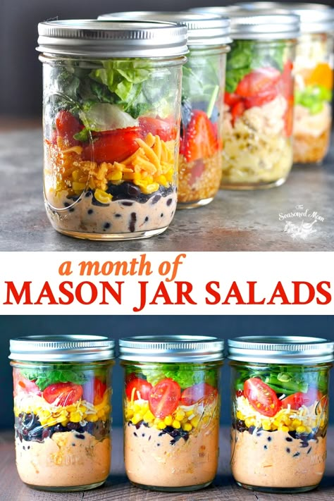 Chopped Salad Mason Jar, Fruit Salad In A Jar Recipes, Salad In A Mason Jar Healthy, Food In Jars Recipes, Easy Mason Jar Meal Prep, Meal Prep Mason Jars Recipes, Salad In A Jar Recipes, Salad On The Go, Mealprep Salad