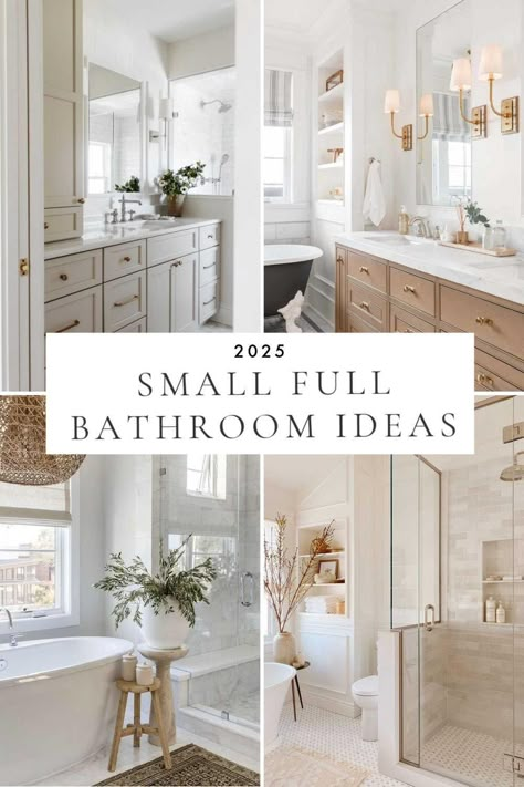 A look at bathroom trends and decor ideas for 2025, with small full bathroom ideas, beautiful master bathroom inspiration, bathroom decor, remodel inspiration, powder rooms, vanity cabinets, color trends, lighting, shower tile, mixed metals, and more Bathroom Mcgee And Co, Transitional Primary Bathroom Design, 2025 Bathroom Trends Tile, White Bathroom Cabinet Ideas, Bathroom Remodel 2025 Trends, 2nd Bathroom Ideas, Bathroom Ideas 2025 Design Trends, Studio Mcgee Bathroom Ideas, Small Bathroom Wood Floor