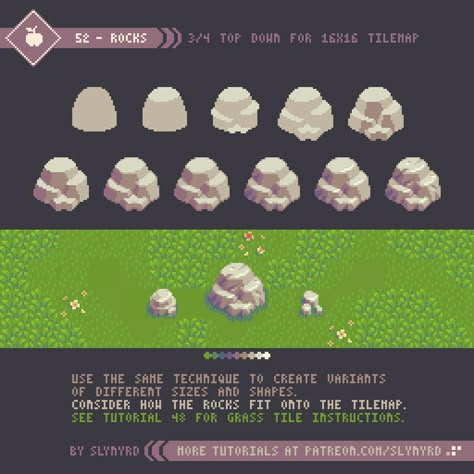 Tutorial - 52 - Rocks | Slynyrd on Patreon Pixel Art Tips, Pixel Tutorial, How To Pixel Art, Top Down Game, Pixel Art Landscape, Kare Kare, Piskel Art, Pixel Art Background, Pixel Characters