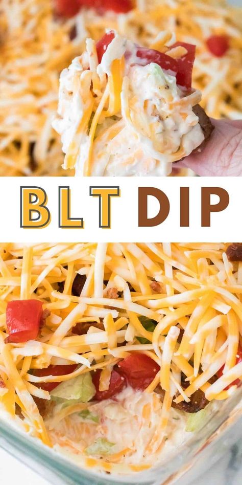 This easy BLT dip recipe is perfect for parties or game days. The creamy, savory, and flavorful appetizer is always a crowd-pleaser. Layered Party Dips, Blt Dip Recipe Easy, Simple Dishes For Party, 4 Layer Dip, Easy Chip And Dip Recipes, Easter Cookout Food Ideas, Best Dip For Parties, Healthy Game Day Dips, Easy Work Party Food Ideas