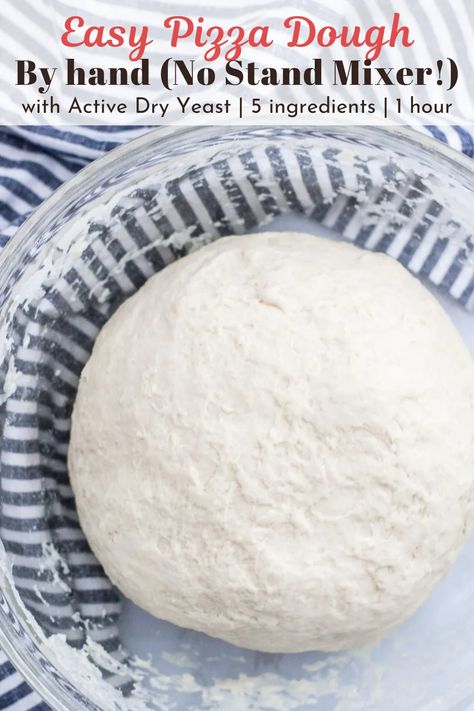 Are you looking for a quick and easy pizza dough recipe by hand? No fancy stand mixer at home? You never made a pizza dough before? NO problem! All you need is 5 ingredients (water, sugar, active dry yeast, flour & salt) and 1 hour! And you got yourself a perfectly delicious and easy pizza dough that will wow pizza night! This is a versatile, simple, and tasty recipe. Step-by-step photos and instructions included! #pizzadoughrecipe #easypizzadough #pizzadoughbyhand Pizza Dough Recipe No Mixer, Pizza Dough Recipe Active Dry Yeast, Quick And Easy Pizza Dough, Pizza Dough Recipe Quick, Easy Pizza Dough Recipe, Quick Pizza Dough, No Yeast Pizza Dough, Making Pizza Dough, Perfect Pizza Dough