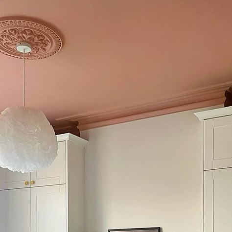 Lick on Instagram: "There's still time to tick 'painted ceiling' off of your 2023 home wishlist 😉 (or add it to next year's of course!) Swipe for inspiration from decorators who have done theirs... 1. Earthy #Pink13 Nashville House - @thevictorianterracehouse 2. Dark #Teal03 76 Dean Street - @secondfromtheend 3. Soft sage #Green02 - @homeatsitwell 4. Bubblegum #Pink03 - @mynortheastterrace 5. Grounding #Beige03 - @littlemcrhouse 6. Cocooning #Black04 - @megovation 7. Gentle #Blue04 - @chateauchatto 8. Joyful #Yellow02 - @sandradieckmann #LickPaint #modernhome" White Wall Pink Trim, Painted Ceiling Terracotta, Blush Pink Ceiling, Pink Ceiling White Walls, Dusty Pink Ceiling, Painted Ceiling In Bedroom, Pink Ceiling Bathroom, Dark Pink Ceiling, White Walls Pink Trim