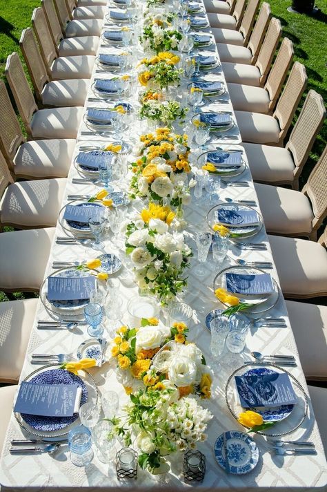 Lemon And Blue Themed Party, Centerpiece For Circle Table, Amalfi Engagement Party, Lemons Table Decor, 70th Birthday Table Decor, Amalfi Table Setting, Euro Summer Theme Party, Blue And White Italian Wedding, Capri Wedding Theme