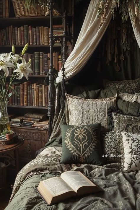 Bed In Bookshelf, Moody Whimsical Bedroom, Dark Rustic Aesthetic, Book Bedroom Aesthetic Cozy, Rustic Moody Bedroom, Dark Cozy Bedroom Ideas Romantic, Moody Romantic Bedroom, Dark Cozy Bedroom, Romantic Bedroom Design