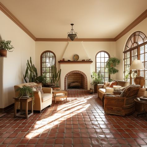 cream and terra cotta living room Terra Cotta Tiles Living Room, Terra Cotta Tile Floors Living Room, Portugal Living Room, Terracota Floor Living Room Ideas, Terracotta Tiles Living Room Modern, Red Tile Living Room, Terracotta Living Room Floor, Spanish Tile Flooring, Saltillo Tile Living Room Color Schemes