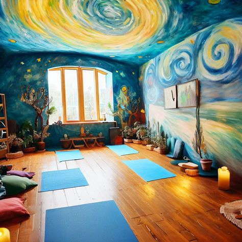 Yoga Studio Mural, Class Mural, Studio Mural, Cafe Mural, Zen Den, Yoga Studio Design, Paint Inspo, Cafe Wall, Kids Area