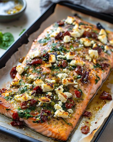 Mediterranean Salmon Bake Salmon Bake, Mediterranean Salmon, Mediterranean Fish Recipe, Mediterranean Diet Recipes Dinners, Fish Dinner Recipes, Main Entrees, Easy Mediterranean Diet Recipes, Christmas Recipes Easy, Healthy Salmon