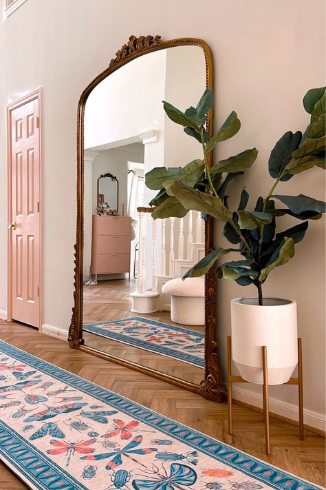 Large Entry Mirror Ideas, Big Standing Mirror In Living Room, Anthropologie Primrose Mirror Entryway, Big Mirror In Hallway Entrance, Primrose Mirror Entryway, Huge Mirror Ideas, Big Gold Mirror Living Room, Anthro Mirror Entryway, Large Floor Mirror In Bedroom