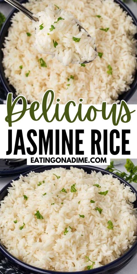 If you love serving rice with your main dish recipes, then you need to make this easy Jasmine Rice Recipe. Simple steps makes this rice easy to prepare. Rice is a staple side dish that I make with grilled, baked, or stovetop recipes. It is budget friendly and easy to make. You can season it in a variety of ways and every one loves it. #eatingonadime #jasminerice #easyrecipe Jasmine Rice Crockpot Recipes, Steamed Jasmine Rice, Perfect Jasmine Rice Stovetop, Seasoned Jasmine Rice Recipes, Jasmine Rice Recipes Side Dishes Easy, How To Cook Jasmine Rice On The Stove, How To Cook Jasmine Rice, Healthy Jasmine Rice Recipes, Jazmin Rice Recipe