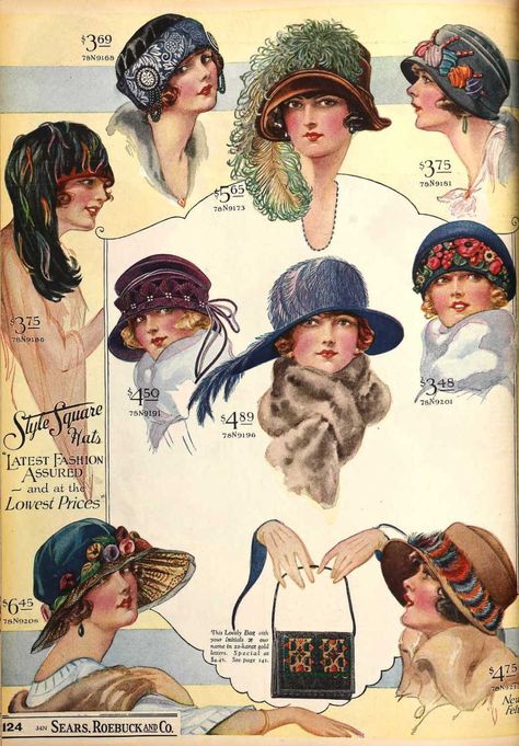 1923 Fashion, 1920s Hats, 1910s Fashion, 1920 Fashion, Hats And Scarves, Finger Waves, History Fashion, 20s Fashion, Illustration Vintage