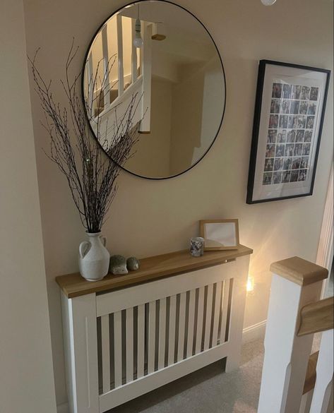 Decor Around Radiator, Entryway Ideas With Radiator, Hallway With Radiator Cover, How To Hide Radiator In Living Room, Radiator Cover Hallway, Hallway Radiator Cover Decor, Radiator Cover Ideas Hallway, Hall Ways Ideas Narrow, Radiator Cover Styling