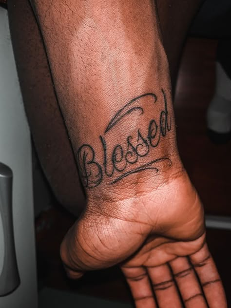 Mens Blessed Tattoo, Medium Men Tattoo Ideas, Small Black Men Tattoos, Small Tattoos For Men Black, Blessed Tattoo For Men Forearm, Tatoos Men Small Arm, Loner Tattoos Men, Small Tattoos For Black Men, Humble Tattoo Men