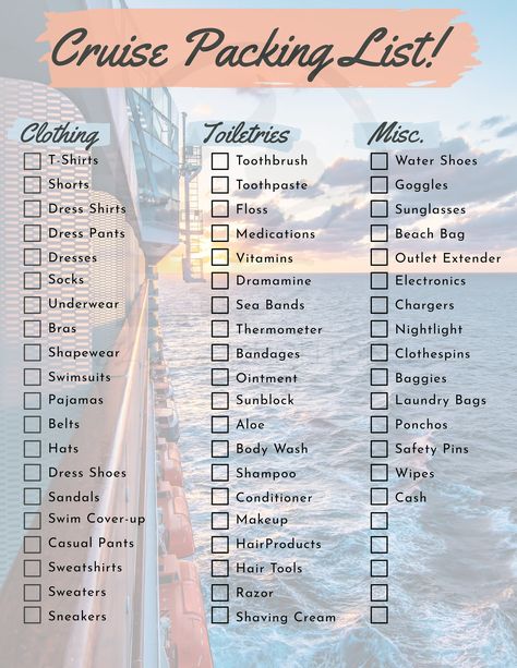 Digital Download Cruise Packing List Printable PDF Letter Size - Etsy Cruise Toiletries Packing Lists, Cruise Checklist Packing Lists, Royal Carribean Cruise Tips, What To Pack For A Cruise, Carnival Cruise Packing List, 7 Day Cruise Packing List, Cruise Essentials Packing Lists, Cruise Packing List Printable, Carribean Cruise Outfits