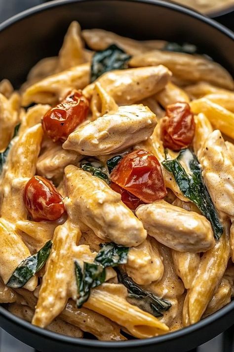 Indulge in a creamy, savory pasta dish featuring tender boneless chicken breasts, roasted garlic, and sun-dried tomatoes, all harmonized with freshly grated Parmesan cheese and vibrant spinach. This versatile recipe offers options for a spicy kick with Calabrian chili paste or a rich Tuscan twist with cream and milk. Perfect for a weeknight dinner, this dish takes just 20-45 minutes to prepare! Customize with your favorite pasta, fresh herbs, and add veggies for an extra boost. Click to discover how to whip up this delicious meal! 🍽️✨ #Recipe #PastaLove #ComfortFood #CookingAtHome Italian Food Recipes Dinners, Easy Recipes Italian, Chicken Veggie Pasta Recipes, 5 Minutes Recipes, Recipes With Cream, Food Ideas Pasta, Pasta Recipes Spinach, Dinner With Chicken Breast, Cooking Ideas For Dinner