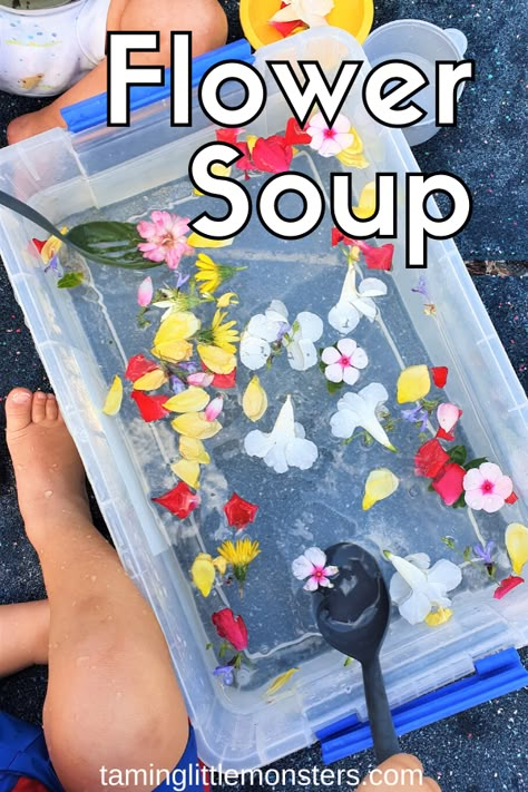 April Sensory Activities, In The Garden Activities For Toddlers, Garden Themed Sensory Bin, Garden Sensory Bin For Toddlers, Outside Sensory Bins, Toddler Spring Sensory Bin, Easy Toddler Outdoor Activities, Plant Sensory Activities, Spring Play Ideas