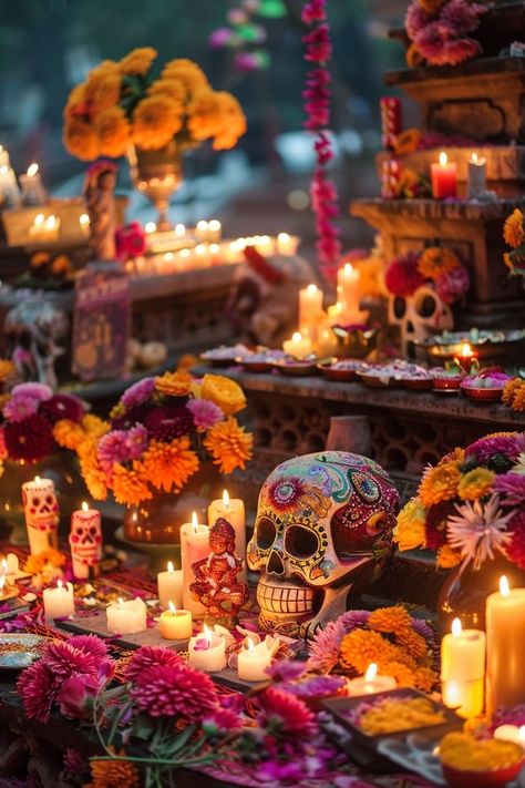 "Embrace the beauty of Día de los Muertos in Mexico! 💀🌼 Honor loved ones with colorful altars, traditional food, and festive parades. 🎨🌟 #DiaDeLosMuertos #DayOfTheDead #MexicanTraditions" Marigold Halloween Decor, Ofrenda For Wedding, Fall In Mexico, Mexican Ofrenda Ideas, Dia De Los Muertos Alters Ideas, Offrenda Table Ideas Decor, Mexican Halloween Decorations, Dia De Los Muertos Food Ideas, Day Of The Dead Altar Ideas