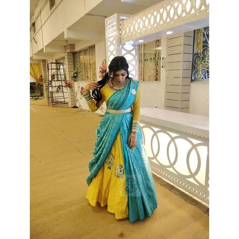 Half Saree Type Saree Draping, Can Can Saree Drape For Reception, Different Half Saree Draping Styles, Lehenga Type Saree Draping, Saree In Half Saree Style, Saree As Skirt Drape, Saree Half Saree Draping, Saree As Half Saree, Sauth Saree Look