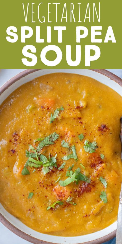 This Vegetarian Split Pea Soup is packed with tons of flavor and gets its smokiness from the smoked paprika. This plant based soup is hearty, filling and perfect for a cold winter day. Aside from split peas, it is also filled with carrots, celery, onion and potatoes. Enjoy for lunch or dinner and serve with bread and salad, if desired. #splitpeasoup #vegetarianrecipe #veganfood #easylunch #onepotmeal #heartysoup Dinner With Salad, Split Pea Recipes, Split Pea Soup Crockpot, Ham Hock Recipes, Vegetarian Split Pea Soup, Plant Based Soup, Vegan Split Pea Soup, Chocolate No Bake, Chocolate No Bake Cookies