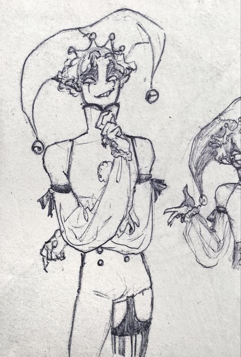 Drawn by me #ocartwork #sketchbook #sketch  #clown #jester Jester Hairstyles, Medieval Jester Aesthetic, Jester Oc Art, Jester Hat Drawing, Jester Sketch, Jester Reference, Jester Poses, Jester Dnd, Jester Illustration