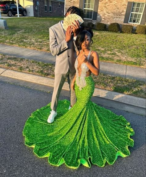 Cute Prom Colors For Couples, Rating Prom Dresses, Light Green Prom Dress Couple, Prom Color Ideas For Couples, Matching Prom Dresses Best Friend, Lime Prom Dress, After Prom Outfit Ideas, Green Prom Dress Aesthetic, Prom Ideas Black Couples