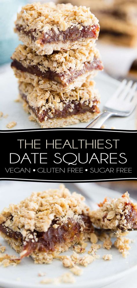 Free of gluten and added sugar, these Vegan Date Squares are just as good, if not better, than the real thing! Super moist and deliciously tasty, they're the perfect replica of your typical soft, sweet and crunchy date square. Vegan Date Squares, Gluten Free Date Squares, Healthy Date Squares, Healthy Squares, Vegan Squares, Date Square, Vegan Bars, Date Squares, Date Bars