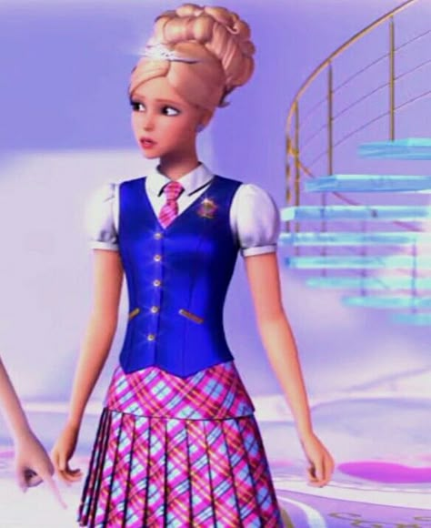 Delancey Barbie Princess Charm School, Animated Barbie Movie Outfits, Barbie Delancy Devin, Barbie School Outfit, Barbie Princess Charm School Costume, Barbie Delancy, Princess Charm School Uniform, Barbie Princess Charm School Delancy, Princess Charm School Delancy