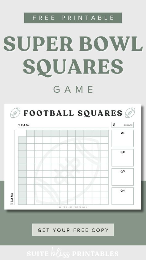 Get your Free Printable Super Bowl Squares Game! Football Squares is the best way to bring even more excitement to game day and make incredible memories with all your favorite people. So, get your friends and family over, place your bets, and let the games begin with this free printable football squares pdf/super bowl squares template! #footballsquares #superbowlsquares Free Football Squares Template, Superbowl Squares Fundraiser, Super Bowl Printables Free, Super Bowl Bets, Printable Football Squares, Super Bowl Pool Template Squares, Free Printable Superbowl Squares, Super Bowl Squares Printable, Football Pool Template Free Printable