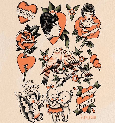 Valentine's Day is a Walk-In Flash Day this year at @papercranestudio! I will be tattooing along side @triplegoddesstattoos, who will be… Traditional Tattoo Flash Sheets, Cherub Tattoo, Traditional Tattoo Sleeve, Doodle Tattoo, Old Tattoos, Old School Tattoo Designs, Tattoo Portfolio, Traditional Tattoo Art, Traditional Tattoo Flash