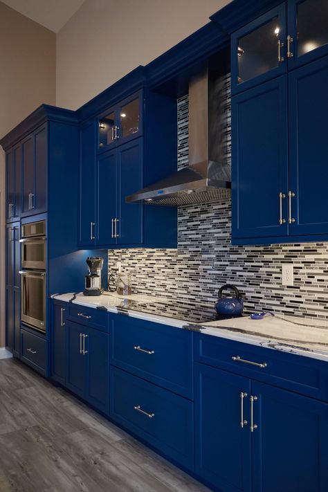 Modern Blue Cabinets Kitchen, Electric Blue Kitchen, Royal Blue Cabinets Kitchen, Royal Blue Cabinets, Royal Blue Kitchen Cabinets, Fitted Kitchen Ideas, Blue And Silver Kitchen, Blue Kitchens Ideas, Blue House Interior