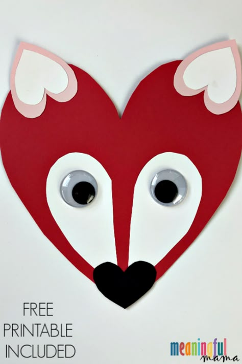 Heart Fox Craft, Heart Cat Craft Valentines Day, Simple Kids Valentines Crafts, Valentines Kids Can Make, Valentine’s Day Crafts For Kids Easy, Valentinesday Craft, Fox Heart, Valentine Animals, Fox Craft