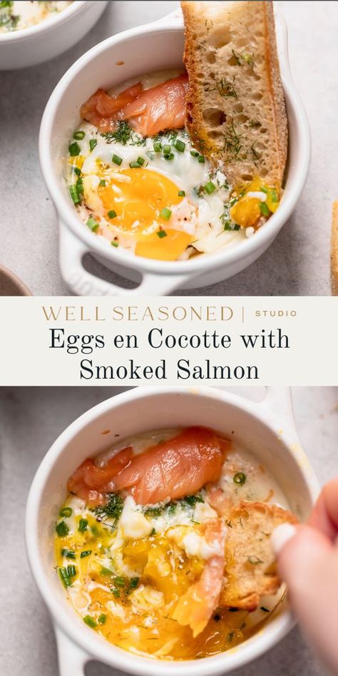 Eggs Smoked Salmon, French Style Baked Eggs, Eggs Salmon Breakfast, Jammy Egg Recipe, French Style Eggs, Breakfast With Fish, French Egg Breakfast, Cream Egg Recipes, Salmon Eggs Recipe