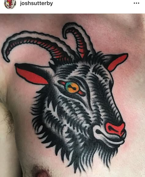 Goat Head Tattoo Traditional, American Traditional Farm Tattoo, Old School Goat Tattoo, Rabbit American Traditional Tattoo, Black Sheep Tattoo Traditional, Goat Eye Tattoo, Trad Goat Tattoo, American Traditional Goat Tattoo, Trad American Tattoo