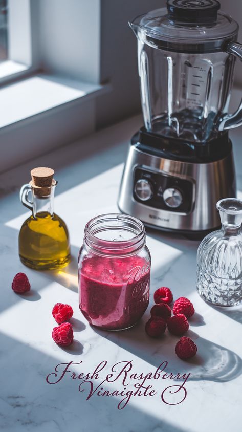 Minimalist kitchen counter with raspberry vinaigrette in mason jar, fresh raspberries, olive oil, vinegar cruet, blender and "Fresh Raspberry Vinaigrette" text overlay on marble surface. Homemade Raspberry Vinaigrette Dressing, Vinegrette Recipe, Bisquick Banana Muffins, Raspberry Vinaigrette Recipe, Rice Recipes Side, Mushroom Rice Recipes, Balsamic Vinaigrette Recipe, Cherry Tomato Recipes, Fennel Recipes