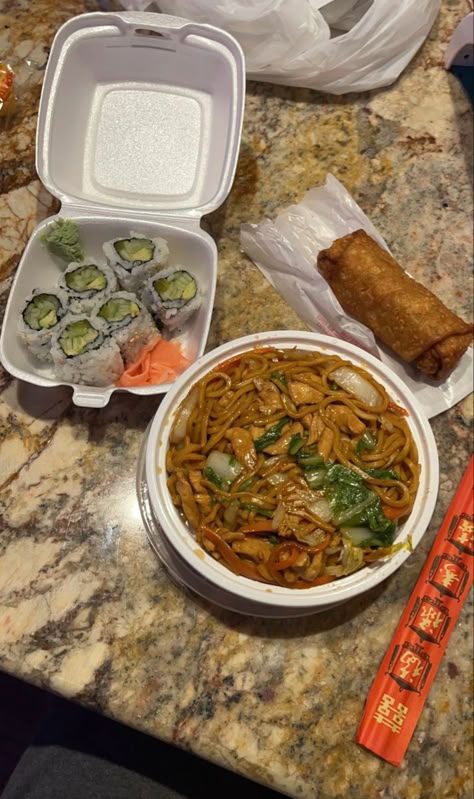 Chinese takeout of sushi, lo mein and an egg roll on a kitchen counter Take Out Aesthetic Food, Asian Takeout Aesthetic, Lo Mein Aesthetic, Chinese Food Aethstetic Take Out, Sushi Takeout Aesthetic, Chinese Noodles Aesthetic, Chinese Dinner Aesthetic, Egg Roll Aesthetic, Chinese Cuisine Aesthetic