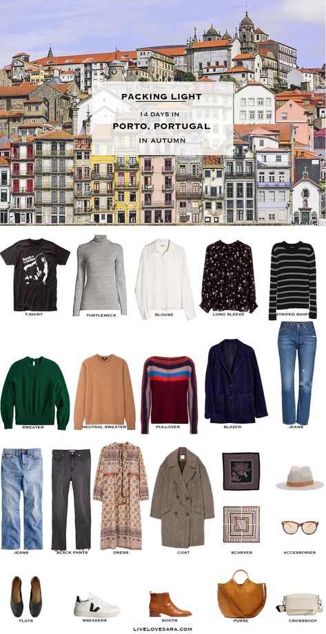 To help you pack for Portugal, I have created this packing list to help give you ideas of what kinds of pieces would work, with travel outfit ideas on how to wear them. Planning your Portugal travel capsule like this allows you to take the "I have nothing to wear" stress out of your travel. Packing For Portugal In The Fall, Portugal In November Outfits, Lisbon Portugal Outfit Fall, Outfits For Portugal Fall, Portugal In October Outfits, Portugal November Outfit, What To Wear In Portugal In October, Portugal Fall Outfits, Porto Outfit