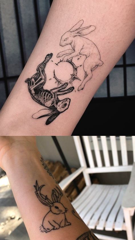 Bunny tattoos #tattooinspo Snake And Rabbit, Traditional Tattoo Rabbit, Tattoo Rabbit, White Rabbit Tattoo, Bunny Tattoo, Rabbit Tattoo, Bunny Tattoos, Black Rabbit, Tattoo Arm