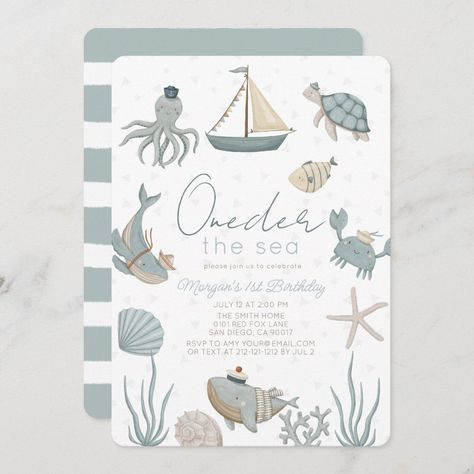 Oneder the Sea Creatures Blue Boy 1st Birthday Editable Blank Nautical 1st Birthday Boy, Nautical First Birthday Boy, Oneder The Sea 1st Birthday Boy, Birthday Ocean Theme, First Birthday Traditions, Oneder The Sea 1st Birthday, Oneder The Sea Birthday, First Birthday Template, Pirates Theme