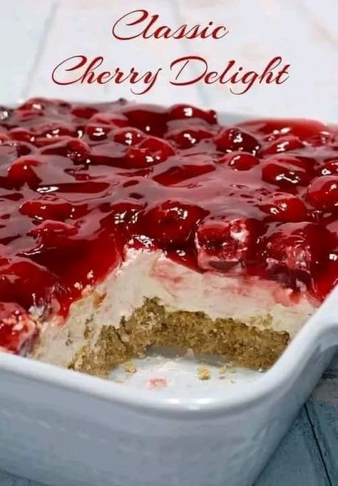 VALERIE BERTINELLI RECIPES | Classic Cherry Delight | My Country Table 🌞🧀🍞 | Facebook Pie Cherry Recipes, Classic Cherry Delight, Jello Trifle, Cherries Recipes, Cherry Delight Dessert, Tart Cherries Recipes, Holiday Party Treats, Delight Dessert, Fruit Treats