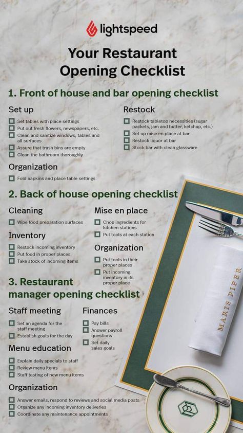 Opening A Business Checklist, Restaurant Tips And Tricks, Opening A Restaurant Checklist, Restaurant Opening Checklist, How To Open A Restaurant, Restaurant Manager Checklist, How To Start A Restaurant Business, Restaurant Event Ideas, Restaurant Checklist