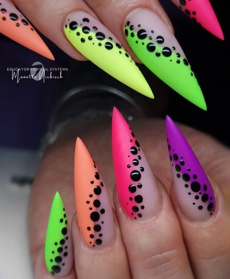 Easy Neon Nails, Bright Nails With Design, Vacation Nails 2024 Trends, June Almond Nails, Neon Stilletos Nails, Download Festival Nails, Neon Party Nails, Flashy Nail Designs, Neon Nails With Design