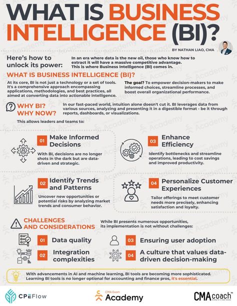 Business Infographics on LinkedIn: What Is Business Intelligence (BI)  Credits to Nathan Liao, CMA Coach… Leadership Development Activities, Business Intelligence Analyst, Financial Literacy Lessons, Business Strategy Management, Data Science Learning, Business Knowledge, Business Infographics, Business Marketing Plan, Business Basics