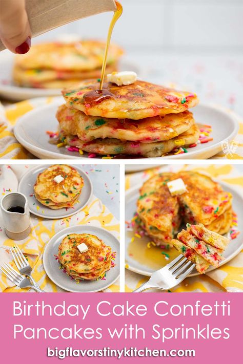 My family absolutely loves these sprinkle-studded pancakes. Whether you call them birthday cake, confetti, or funfetti pancakes, this fluffy breakfast recipe is irresistible! Birthday Cake Confetti Pancakes with Sprinkles are always a hit. Confetti Pancakes, Birthday Cake Pancakes, Funfetti Pancakes, Birthday Pancakes, Cake Confetti, Brunch Items, Pancake Toppings, Mini Pancakes, Full Recipes