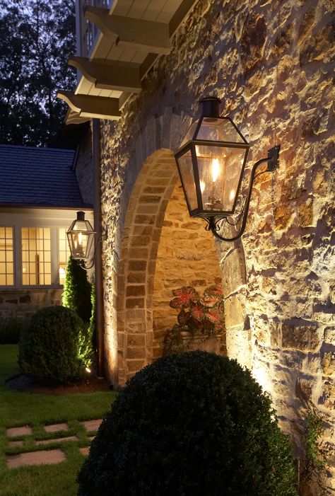 German Schmear, Stone Lighting, Cove Lighting, Gas Lanterns, Exterior Makeover, Outdoor Light Fixtures, French Chateau, New Traditional, Interior Design Firm