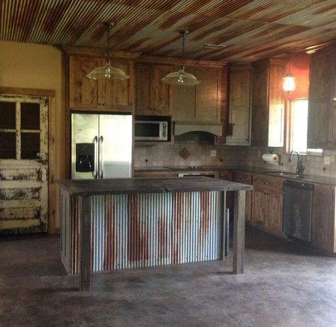 Rustic kitchen with old door for pantry door, custom made island, tin ceiling. Rustic Kitchen Cabinets, Rustic Kitchen Island, Farmhouse Kitchen Cabinets, Kitchen Decorating, Farmhouse Kitchen Decor, Counter Top, Home Fashion, Rustic Furniture, Rustic Kitchen