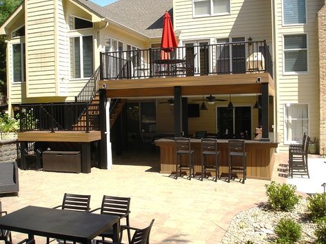 Under Deck Bar, Under Deck Patio, Under Deck Ideas, Patio Under Decks, Basement Patio, Deck Patio Ideas, Deck Bar, Deck Remodel, Diy Outdoor Bar