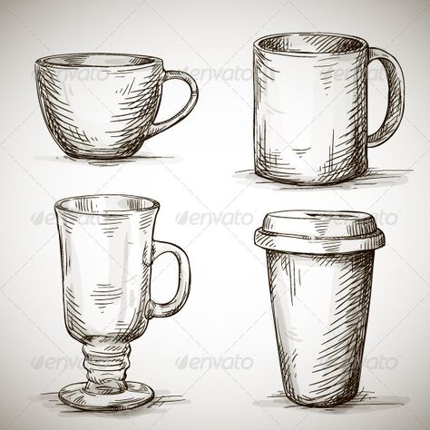 Set of Coffee Mugs Drawing Cup, Coffee Mug Drawing, Tumblr Sketches, Mug Drawing, Nature Sketch, Coffee Drawing, Pencil Shading, Object Drawing, Still Life Drawing