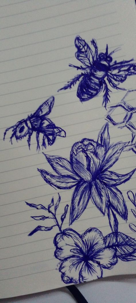 Pen Drawing Flower, Blue Pen Drawing, Blue Pen, Sketching Ideas, Romance Art, Drawing Inspo, Art Drawings Sketches Creative, Pen Drawing, Art Drawings Sketches