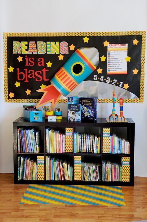 The Gilded Pear: Reading Is A Blast Bulletin Board & Free Printable Space Classroom Theme, Reading Nook Classroom, Space Themed Classroom, Space Theme Classroom, Reading Display, Tata Surya, Classroom Boards, Space Classroom, Library Bulletin Board